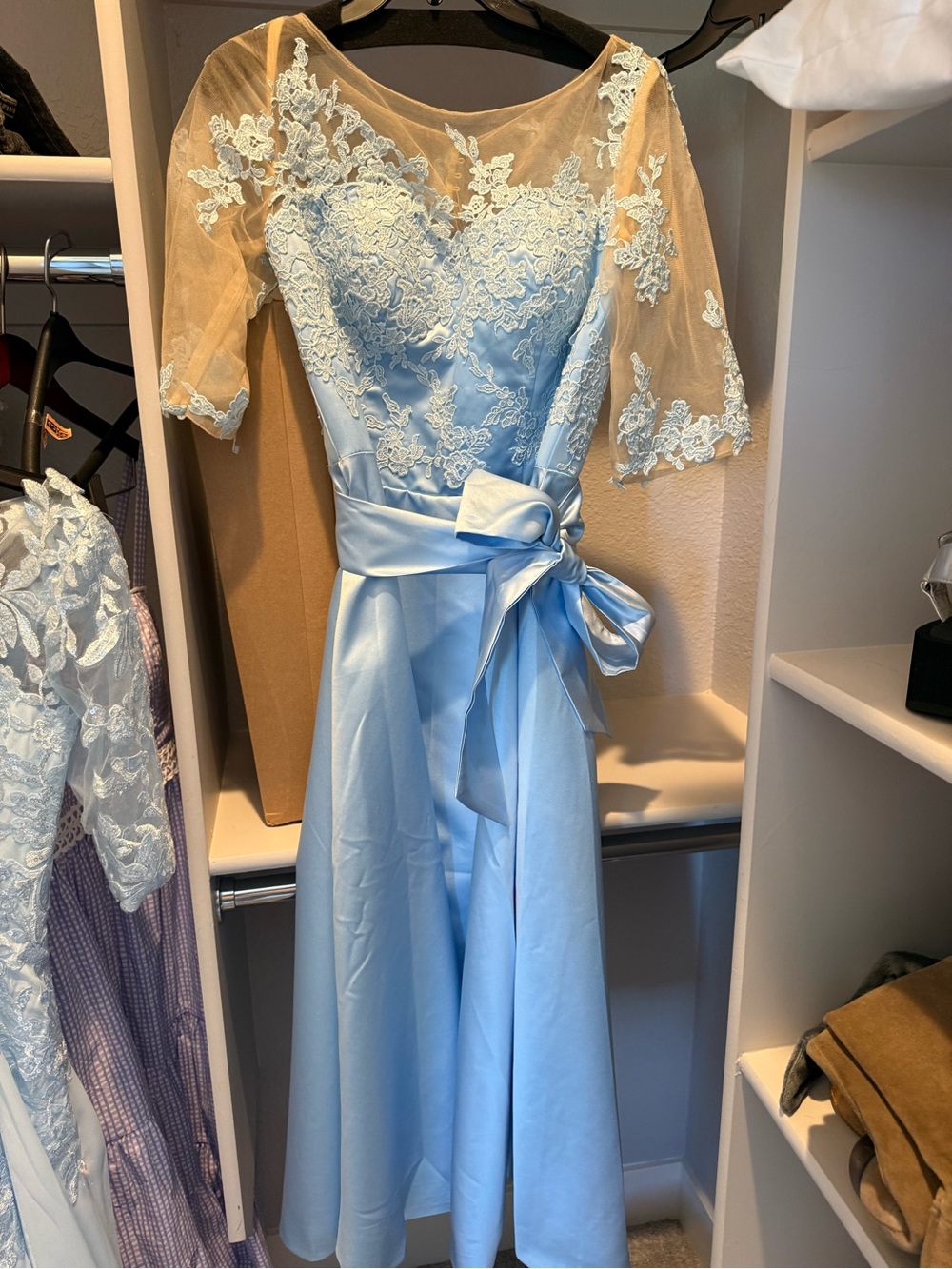 Elegant Light Blue Lace Satin Midi Dress with Bow